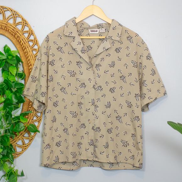 Vtg Nautical Print Shirt Anchor Sailboat Camp Collar Button 90s Top Soft Autumn - Picture 1 of 5
